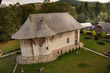 Gura Humorului,Romania - Moldavian medieval Monastery of Humor, up view of the church. Moldavia's painted monasteries.october, 2017