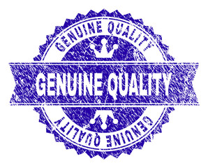 GENUINE QUALITY rosette stamp watermark with grunge texture. Designed with round rosette, ribbon and small crowns. Blue vector rubber watermark of GENUINE QUALITY label with retro texture.