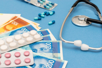 Blue stethoscope and currency of Israel, Israeli medicine
