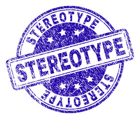 STEREOTYPE stamp seal imprint with grunge texture. Designed with rounded rectangles and circles. Blue vector rubber print of STEREOTYPE label with grunge texture.