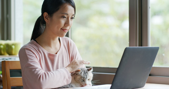 Woman Work On Computer With Her Cat At Home