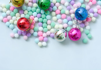  Ornaments  Christmas tree with sweet color small pom poms background