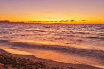Fototapeta na wymiar El Arenal beach near Palma de Mallorca in sunset time