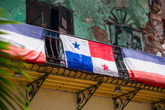 Patriotic panama flag on rustic balcony