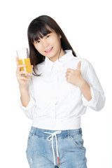 Chinese woman drinking orange juice isolated on white background