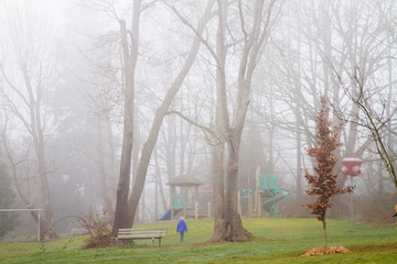 Girl walks towards an empty playground amoung trees on a foggy morning; fog surronds girl and playground