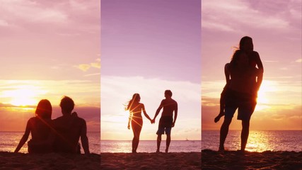 Romantic sunset beach couple holding hands on beach running having fun on summer travel vacation holiday honeymoon piggybacking. Happiness and sunlight flare. Vertical video montage. SLOW MOTION. - Powered by Adobe