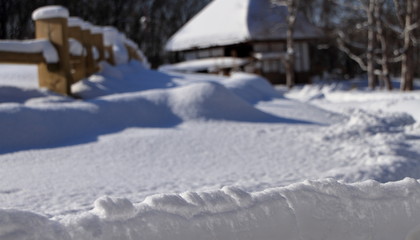 Fototapeta na wymiar 雪に覆われた茅葺屋根の家の風景