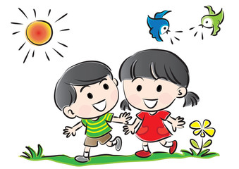 cartoon kids with sun and bird