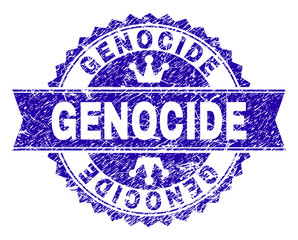 GENOCIDE rosette stamp seal watermark with distress style. Designed with round rosette, ribbon and small crowns. Blue vector rubber watermark of GENOCIDE caption with grunge style.