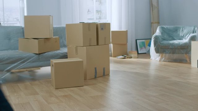 Professional Mover with Hand Truck Loads it With Cardboard Boxes and Helps People Move out and Relocate into the New House. 