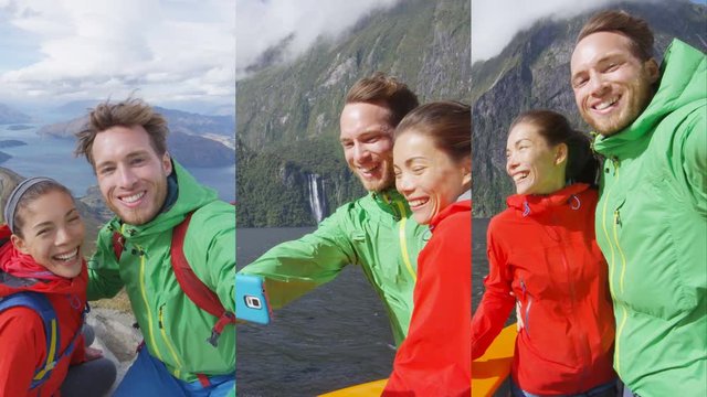 Happy couple taking selfie video on travel vacation New Zealand, Milford Sound in Fiordland National Park and Roys Peak New Zealand. Vertical video with Multicultural couple smilng having fun laughing