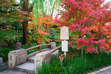 京都　晴明神社の一条戻橋と紅葉