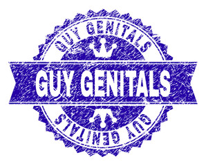 GUY GENITALS rosette seal watermark with grunge style. Designed with round rosette, ribbon and small crowns. Blue vector rubber watermark of GUY GENITALS label with unclean style.