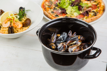 Shellfish Mussels in copper bowl