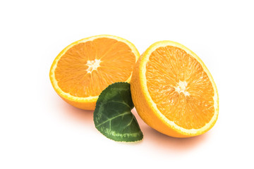 Ripe orange isolated on white background - fresh citrus fruit photography, orange cut in half