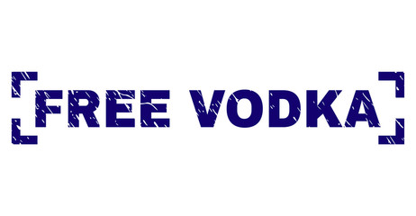 FREE VODKA text seal print with distress texture. Text label is placed between corners. Blue vector rubber print of FREE VODKA with grunge texture.