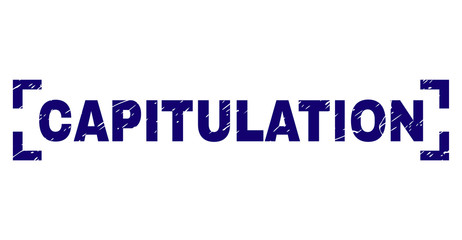 CAPITULATION tag seal print with grunge texture. Text tag is placed between corners. Blue vector rubber print of CAPITULATION with grunge texture.