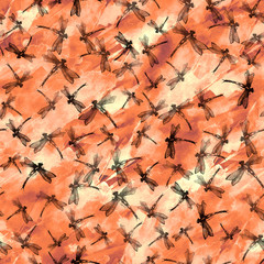 Dragonfly seamless art pattern. dragonfly. Butterfly, moth Graphic Realistic Line Ink Drawing. Hand-drawn illustration. watercolor orange, yellow  abstract paint splash. Trendy art background.