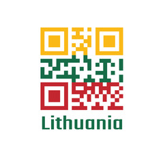 QR code set the color of Lithuania flag, horizontal yellow green and red on white background.