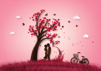 Two enamored under a love tree - obrazy, fototapety, plakaty