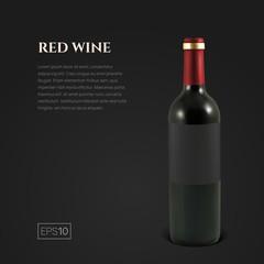 Photorealistic bottle of red wine on a black background. Mock up transparent bottle of wine. Template for product presentation or advertising in a minimalistic style.