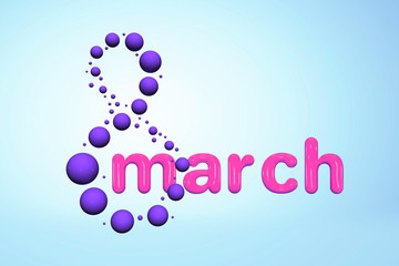 8 March greeting postcard. Decorative violet flying balls, glossy pink paint letter, 3d rendering. Happy Women's Day.