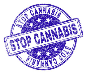 STOP CANNABIS stamp seal watermark with distress texture. Designed with rounded rectangles and circles. Blue vector rubber print of STOP CANNABIS title with dust texture.