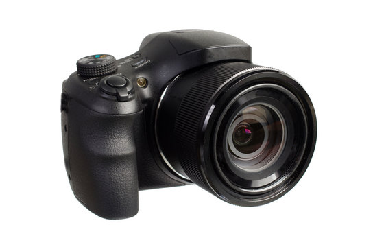 Modern SLR digital camera on a white background.