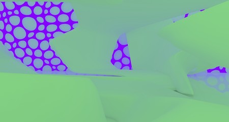 Abstract  white Futuristic Sci-Fi interior With Violet And Green Glowing Neon Tubes . 3D illustration and rendering.