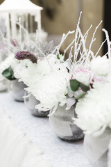 snow covered wedding bouquet, decorations, sparkles, snowflakes