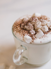 Babyccino - whipped milk or cream with cocoa or cinnamon powder and marshmallow. Idea and recipe for kids drink - warm whipped milk,without coffee. Babyccino in glass cup on marble table. Copy space
