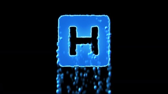 Liquid symbol h square appears with water droplets. Then dissolves with drops of water. Alpha channel black