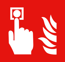 The hand  is pushing fire alarm sign switch on the wall - obrazy, fototapety, plakaty