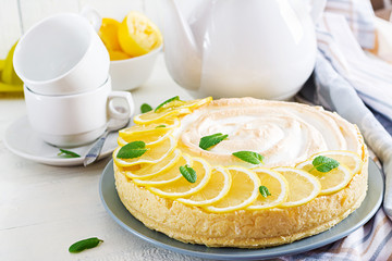 Tart with lemon curd  and meringue. Lemon  pie. American cuisine. Dessert.