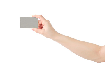 Hand holding empty card with your fingers on white background. clipping path.