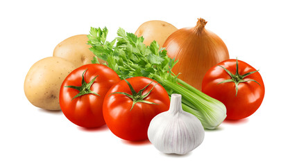 Potato, tomato, celery, onion and garlic isolated on white