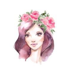 Girl in wreath. Romantic watercolor illustration
