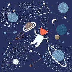 Foto op Plexiglas Kosmos Kinderachtig patroon met een vos in de ruimte