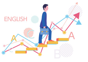 派遣社員の英語スキルとステップアップとグラフ-フラットデザインコンセプトイラスト