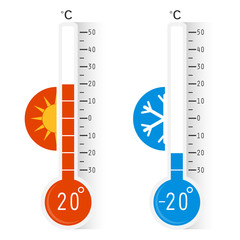 Celsius meteorology thermometers measuring heat and cold, vector illustration. Thermometer. Hot, cold. Thermometer equipment showing hot or cold weather.