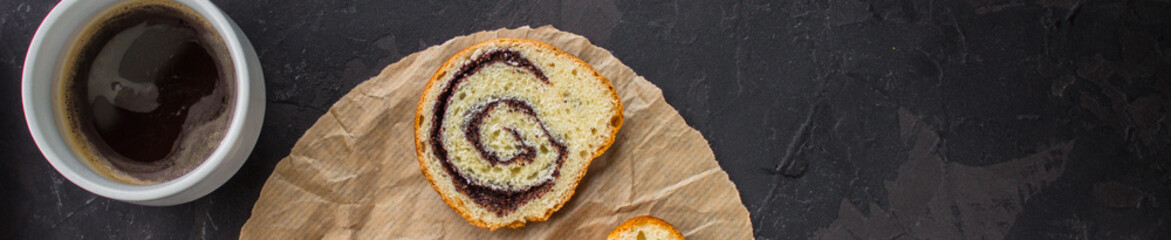 coffee, bun with poppy seeds (sweet food, snack). top, food background copy space