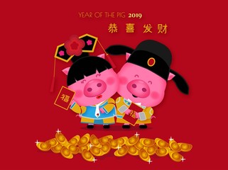 year of the pig 2019 with hanfu costum.vector illustrator