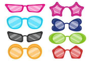 Carnival party masquerade costume glasses heart star cat eye shaped funny sunglasses realistic set. Set of doodle style sunglasses on white background. Vector illustration.