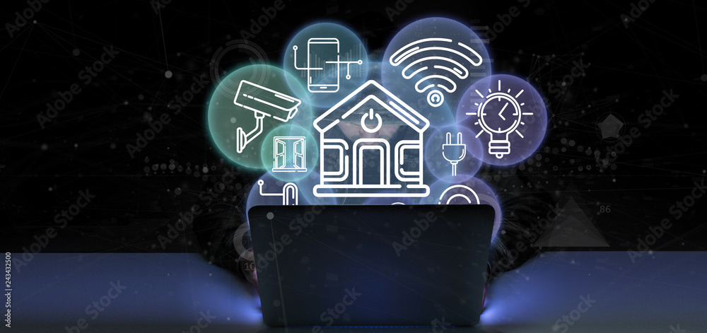 Poster hacker man holding smart home interface with icon, stats and data 3d rendering