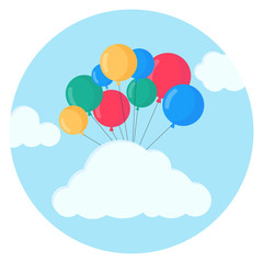 Bunch of festive air balloon in the sky with clouds isolated on background. Bunch of festive air balloon in the sky with clouds isolated on background. Happy birthday party, carnival.