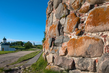 Part of the wall of the Spaso-Preobrazhensky Solovetsky Monastery. Solovetsky archipelago, White Sea, Russia