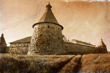 Fototapety  White Tower of the Spaso-Preobrazhensky Solovetsky Monastery. Stylization under the old photo