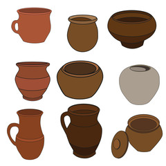 vector isolated clay jug and pots set