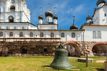 SOLOVKI, REPUBLIC OF KARELIA, RUSSIA - JUNE 27, 2018:Bell the Evangelist with bullet holes in the Spaso-Preobrazhensky Solovetsky Monastery. Russia, Arkhangelsk region, Primorsky district, Solovki © Konstantin